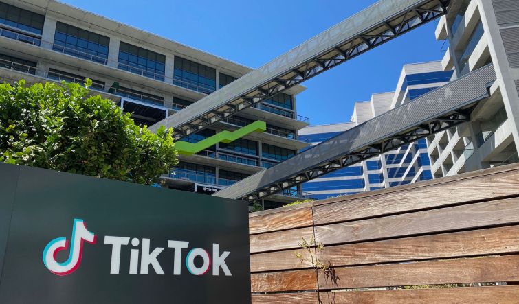 The logo of Chinese video app TikTok on the side of the company's office space at the C3 campus in Culver City.