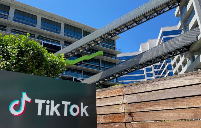 The logo of Chinese video app TikTok on the side of the company's office space at the C3 campus in Culver City.