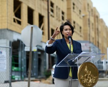 Mayor Muriel Bowser holds a press conference on affordable housing at the Spring Flats housing complex on Monday May 24, 2021 in Washington, DC.