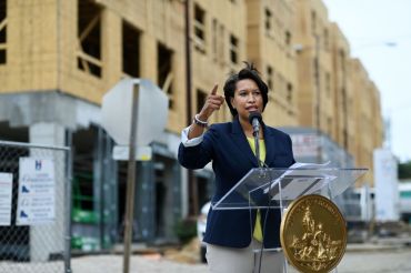 Mayor Muriel Bowser holds a press conference on affordable housing at the Spring Flats housing complex on Monday May 24, 2021 in Washington, DC.