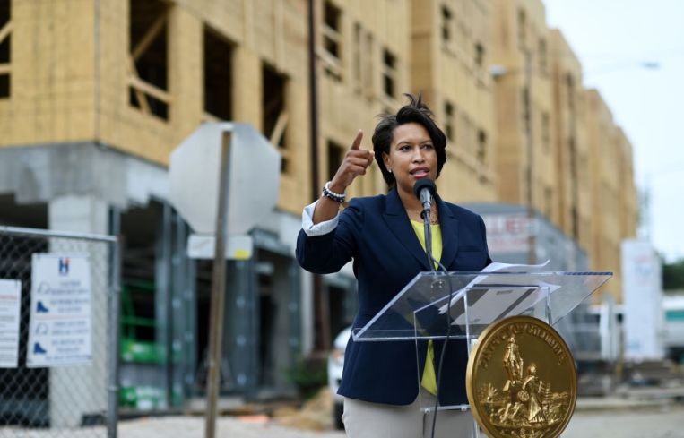 Mayor Muriel Bowser holds a press conference on affordable housing at the Spring Flats housing complex on Monday May 24, 2021 in Washington, DC.