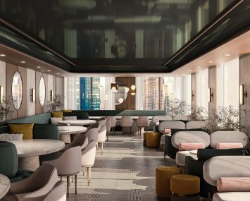 Sage Realty tapped Fogarty Finger to design a new amenity space at 437 Madison Avenue, which includes a "winter garden" dining area.