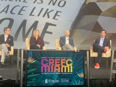 The multifamily housing trends panel featured from left: CoreVest’s Christopher Hoeffel, Kayne Anderson Real Estate’s Debby Jenkins, Voya Investment Management’s Greg Michaud and Limekiln Real Estate’s 
Scott Waynebern. 
