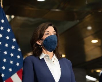 Governor Kathy Hochul at the Fulton Street station on Feb. 18, 2022.