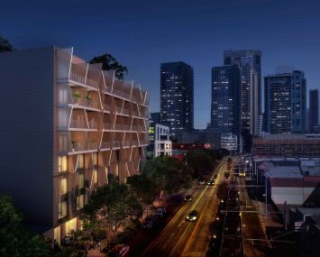 The development is located at 1411 South Flower Street in the South Park neighborhood, about a half-block from the Los Angeles Convention Center.