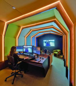Greta Hansen of Wolfgang + Hite said her design inspiration for the basement editing suites included 70's scifi movies like Logan's Run and luxury 1970s airline interiors.