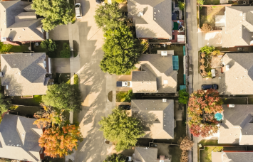 Aerial shot of single-family homes.