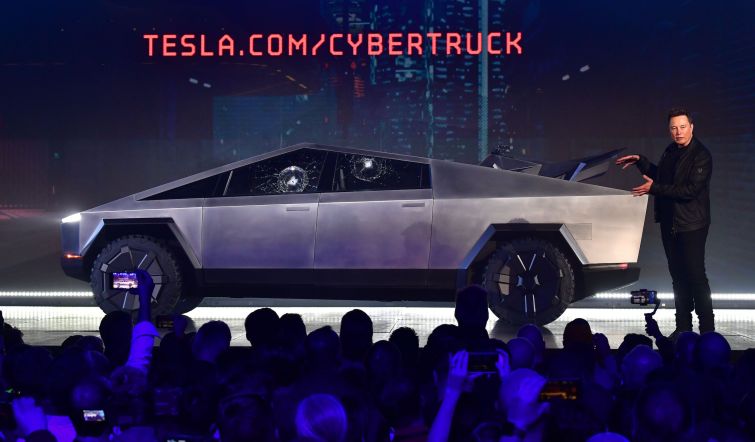 Tesla co-founder and CEO Elon Musk gestures while wrapping up his presentation of the all-electric battery-powered Tesla Cybertruck at Tesla Design Center in Hawthorne, California in 2019.