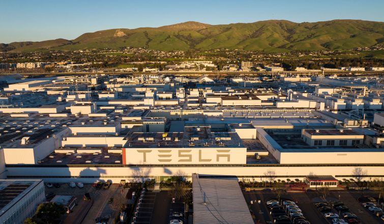 An aerial view shows the Tesla Fremont Factory in Fremont, California in February 2022.