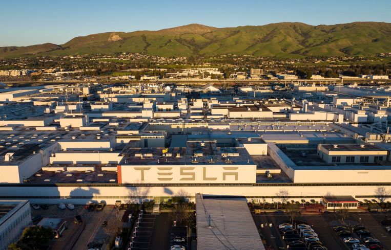 An aerial view shows the Tesla Fremont Factory in Fremont, California in February 2022.