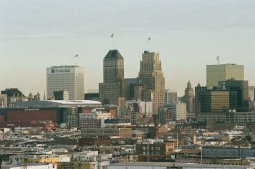 Detail view of the urban skyline of Newark, New Jersey with the Prudential Building visible.
