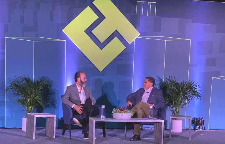 CREtech CEO Michael Beckerman, left, and Kastle CEO Haniel Lynn unveiled the new digital catalog called Real Estate Tech360 at the CREtech San Diego 2022 event today at the city’s convention center.