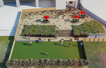 A rendering of the renovated outdoor space at Keith Plaza at 2475 Southern Boulevard.