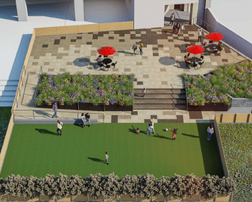 A rendering of the renovated outdoor space at Keith Plaza at 2475 Southern Boulevard.