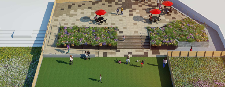 A rendering of the renovated outdoor space at Keith Plaza at 2475 Southern Boulevard.