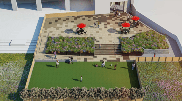 A rendering of the renovated outdoor space at Keith Plaza at 2475 Southern Boulevard.