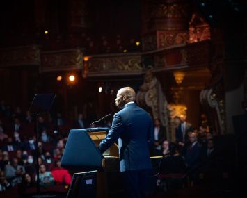 New York City Mayor Eric Adams delivers an address on his first 100 days and the future of New York City at the Kings Theatre in Brooklyn on Tuesday , April 26, 2022.