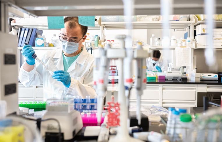 Mirimus lab scientists preparing to test COVID-19 samples in Brooklyn, New York City.