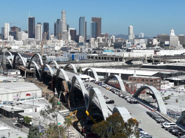An aerial view of the Sixth Street Viaduct currently under construction and scheduled to open this summer as Los Angeles Mayor Eric Garcetti gives his state of the city address in Los Angeles Thursday, April 14.
