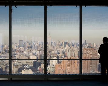 View from the 40th floor of 7 World Trade Center. The building, owned by Larry Silverstein's development firm, is the first of the World Trade Center buildings to be rebuilt. It was certified as New York City's first "green" office tower. 7 World Trade was designed by Skidmore, Owings and Merrill.