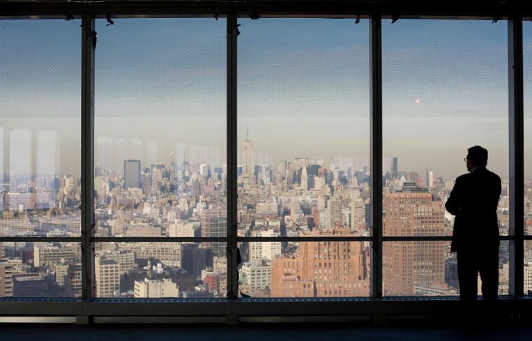 View from the 40th floor of 7 World Trade Center. The building, owned by Larry Silverstein's development firm, is the first of the World Trade Center buildings to be rebuilt. It was certified as New York City's first "green" office tower. 7 World Trade was designed by Skidmore, Owings and Merrill.