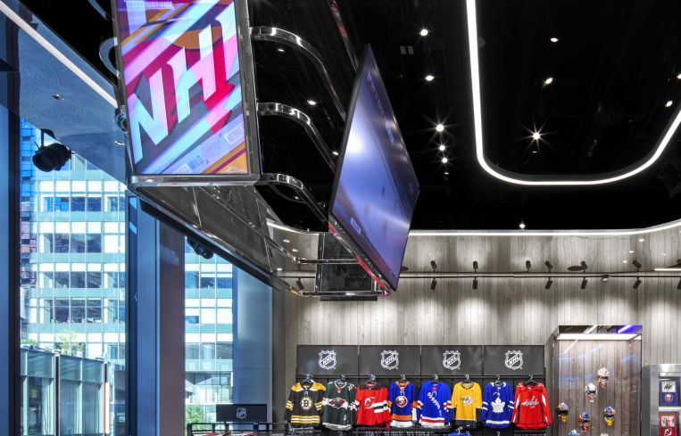 A space on the second floor has movable shelves and overhead light and camera mounts, allowing for players or coaches to host a live broadcast in store.