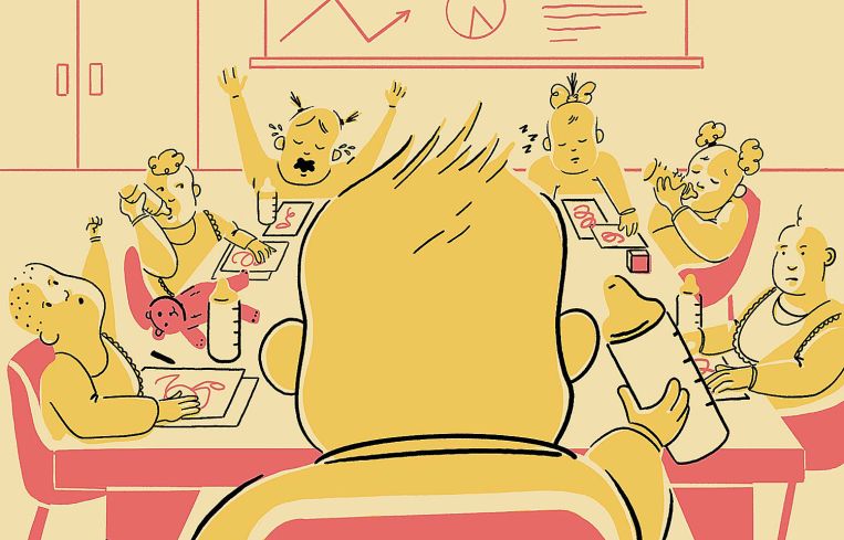 An illustration of a bunch of babies around a conference table.