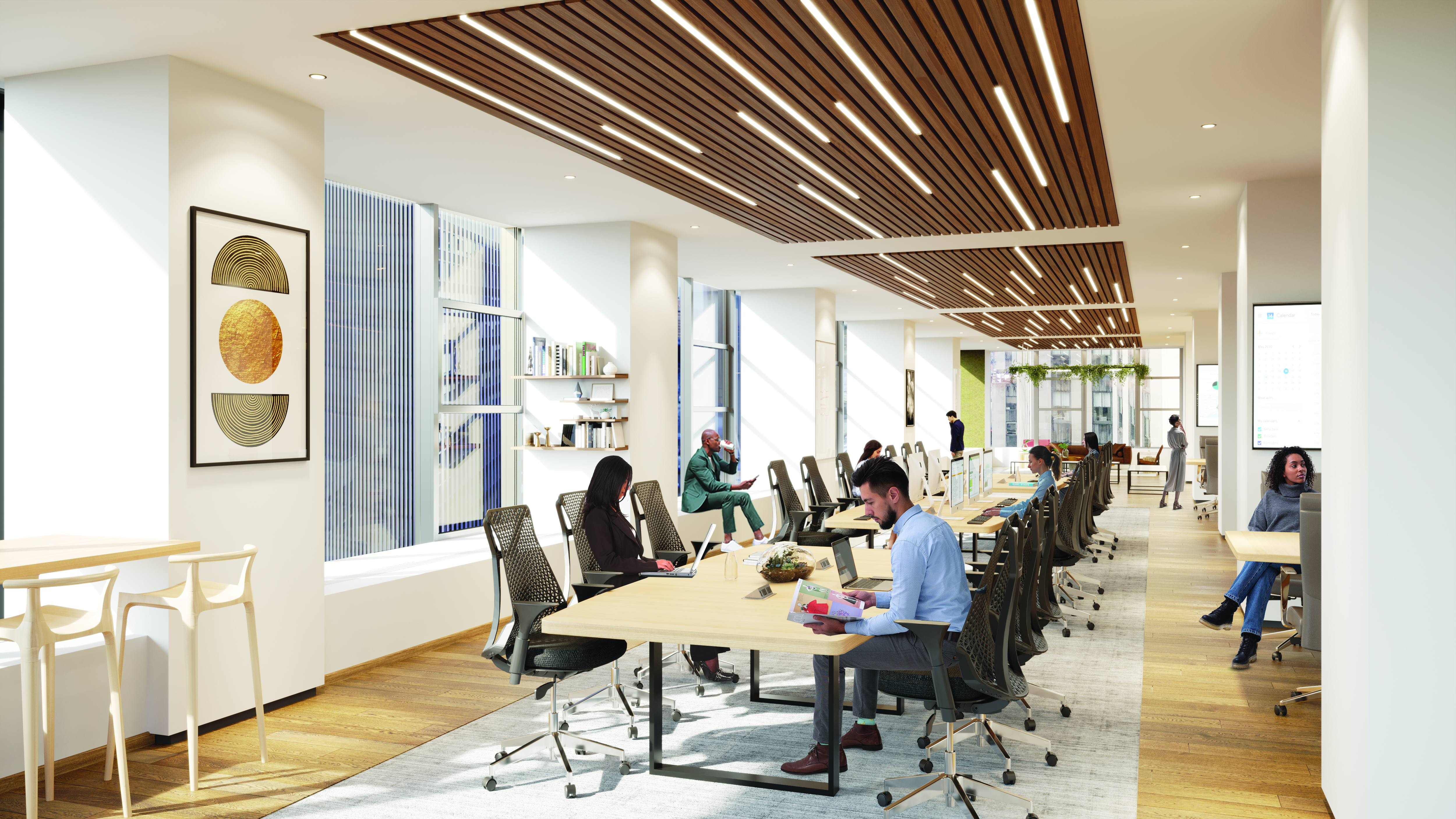 MIDTOWN REDUX: An early 1960s Emery Roth & Sons-designed office building at 1212 Avenue of the Americas is getting a new entrance with a gold marquee and a fresh lobby with bronze accents, stone-fluted walls and matching stone floors and reception desk. A new prebuilt space on the 12th floor will have wooden accent paneling on the ceiling and an open seating area.