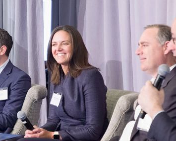 The first panel titled Where Uncertainty Ends & Deals Pick Up — Tapping Into Top Strategies" featured from left: Madison Realty Capital's Josh Zegen, JPMorgan Chase's Michelle Herrick, KKR's Matt Salem, Meridian Capital Group's Ralph Herzka and Starwood Property Trust's Dennis Schuh.