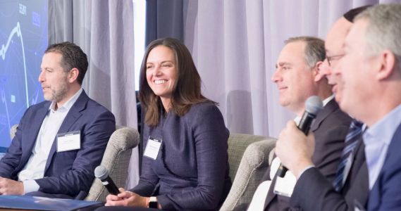 The first panel titled Where Uncertainty Ends & Deals Pick Up — Tapping Into Top Strategies" featured from left: Madison Realty Capital's Josh Zegen, JPMorgan Chase's Michelle Herrick, KKR's Matt Salem, Meridian Capital Group's Ralph Herzka and Starwood Property Trust's Dennis Schuh. 
