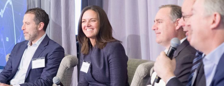 The first panel titled Where Uncertainty Ends & Deals Pick Up — Tapping Into Top Strategies" featured from left: Madison Realty Capital's Josh Zegen, JPMorgan Chase's Michelle Herrick, KKR's Matt Salem, Meridian Capital Group's Ralph Herzka and Starwood Property Trust's Dennis Schuh.