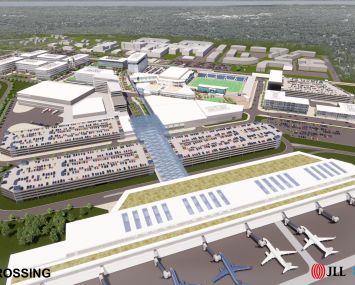 An aerial view of JLL's planned Midway Crossing project on Long Island next to MacArthur Airport.