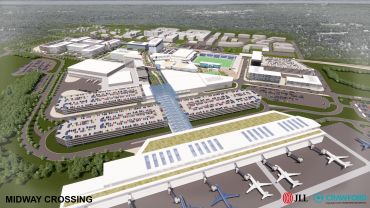 An aerial view of JLL's planned Midway Crossing project on Long Island next to MacArthur Airport.  