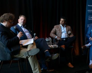 Max Gross moderates a panel with Michael Phillips, Jesse Stein and Sonu Panda.