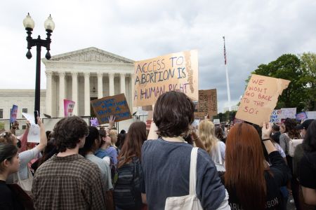 Pro-abortion rights demonstrators rally outside of the Supreme Court in Washington, D.C. on May 5, 2022, following the leak of a draft Supreme Court opinion to overthrow Roe vs. Wade.