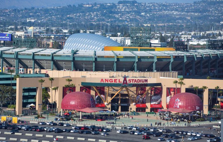 Angel Stadium in Anaheim, above, on May 16, 2022. Anaheim Mayor Harry Sidhu is under federal investigation in connection with the city's sale of Angel Stadium. An affidavit filed in federal court May 12 says authorities are investigating whether Sidhu shared privileged and confidential information with the Angels during stadium sale negotiations, and expected to receive campaign contributions as a result.