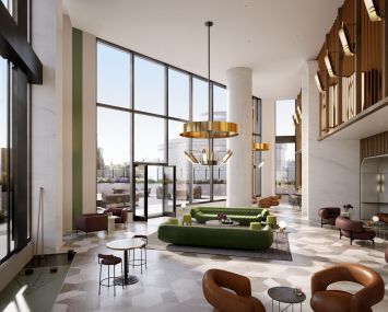 A lounge in Life Time's planned gym, coworking space and amenity space.