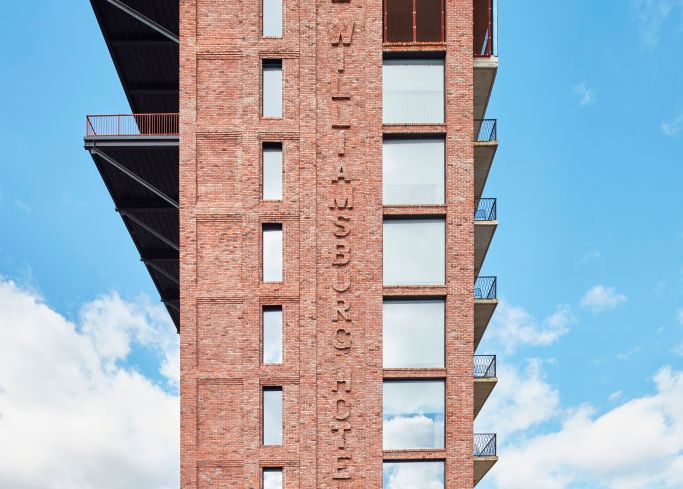 Side of building. Williamsburg Hotel, New York City, United States. Architect: Michaelis Boyd Associates Ltd, 2018. (Photo by: Ed Reeve/View Pictures/Universal Images Group via Getty Images)