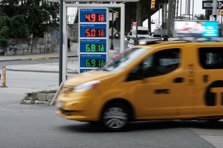 Gas prices are displayed at a Brooklyn station on June 1, 2022 in New York City.
