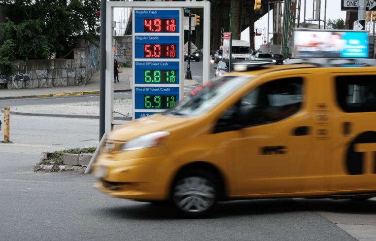 Gas prices are displayed at a Brooklyn station on June 1, 2022 in New York City.