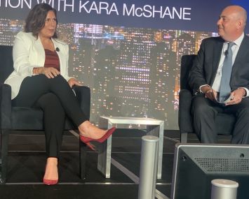 Kara McShane, head of commercial real estate at Wells Fargo, discusses state of commercial real estate with Michael Lascher, global head of real estate debt capital markets at Blackstone, during Monday's opening session of the CRE Finance Council’s Annual Conference at the New York Marriott Marquis.