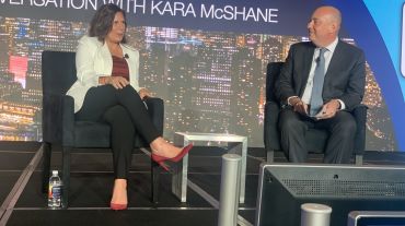 Kara McShane, head of commercial real estate at Wells Fargo, discusses state of commercial real estate with Michael Lascher, global head of real estate debt capital markets at Blackstone, during Monday's opening session of the CRE Finance Council’s Annual Conference at the New York Marriott Marquis. 