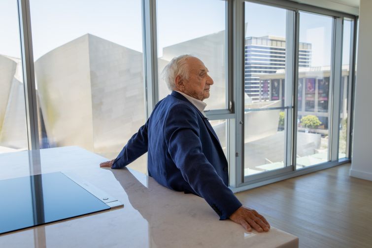 Acclaimed architect Frank Gehry inside his personal apartment in The Grand by Gehry directly across from the Walt Disney Concert Hall, which he also designed.