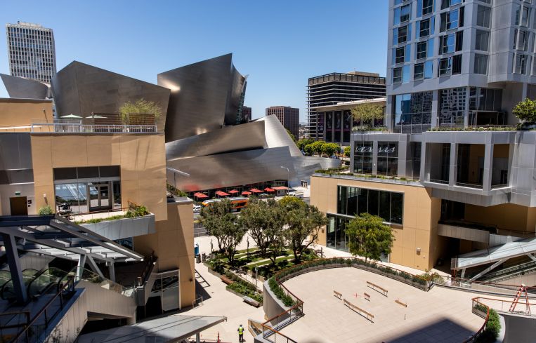 The Grand LA, designed by Frank Gehry is located across from the Walt Disney Concert Hall - also designed by Gehry.