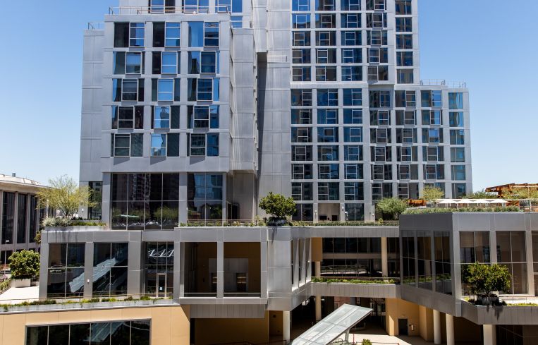 The Conrad Los Angeles, a 28-story hotel tower, offering 305 luxury hotel rooms, is the first Conrad in California, the luxury brand of the Hilton Hotels chain.