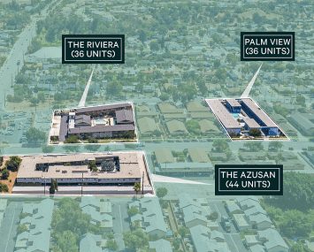 The portfolio includes the 44-unit Azusan Apartments at 1345 North San Gabriel Avenue; the 36-unit Riviera Apartments at 1381 North San Gabriel Canyon Road; and the 36-unit Palm View Apartments at 1311 North Azusa Avenue.