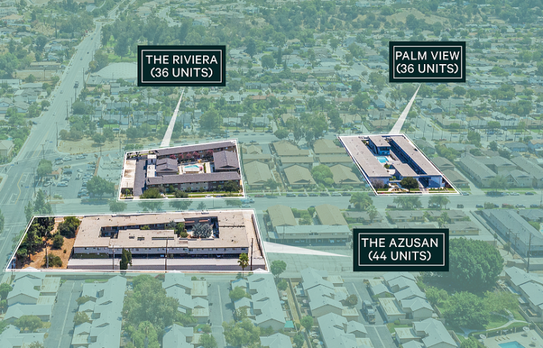 The portfolio includes the 44-unit Azusan Apartments at 1345 North San Gabriel Avenue; the 36-unit Riviera Apartments at 1381 North San Gabriel Canyon Road; and the 36-unit Palm View Apartments at 1311 North Azusa Avenue.