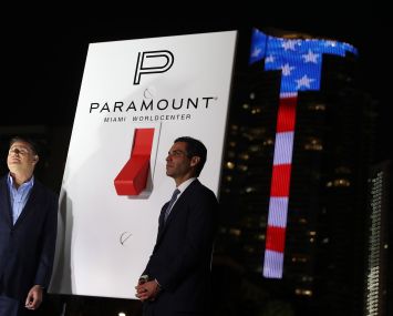 Dan Kodsi and Miami Mayor Francis Suarez turned on a bank of LED lights on the side on one of the Paramount buildings welcoming the 2020 Super Bowl to Miami.