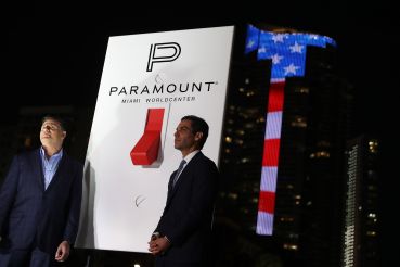 Dan Kodsi and Miami Mayor Francis Suarez turned on a bank of LED lights on the side on one of the Paramount buildings welcoming the 2020 Super Bowl to Miami. 