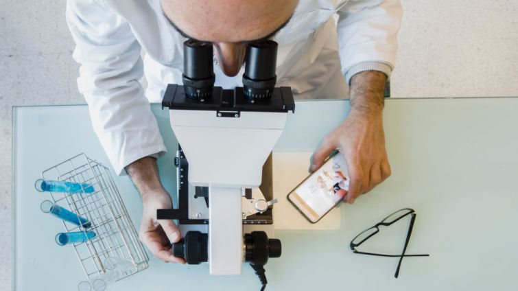 Mature scientist male in his 50s wearing a lab coat looking through a microscope in a laboratory. Basque Country, Spain, Europe.